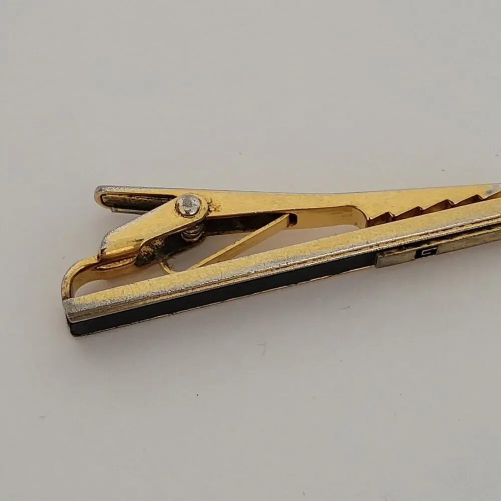 Givenchy Gold Tone Black Onyx Tie Bar Clip‎ 2 Inch G Logo Vintage
